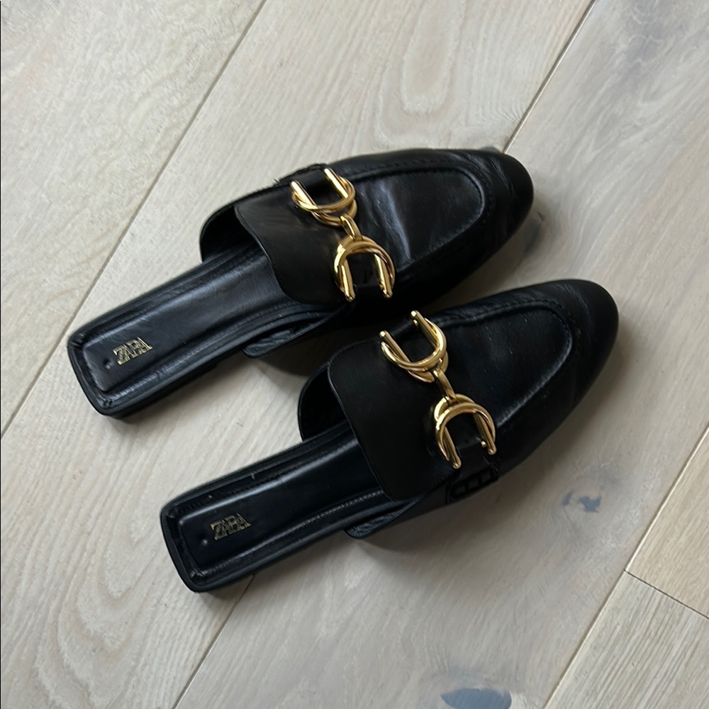 Zara Black and Gold true leather Mules